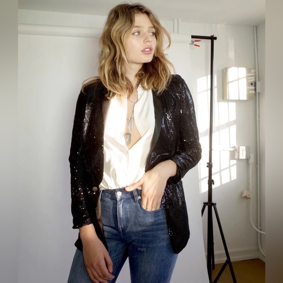 L’école Des Femmes black Smoking Sequins Jacket size small - Picture 2 of 9